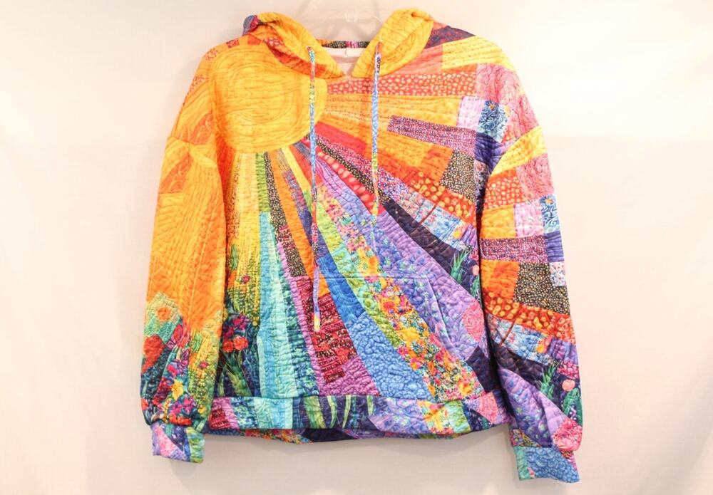 Bohemian Sunbrust Patchwork Hoodie Sweatshirt Womens L Multicolor Pullover